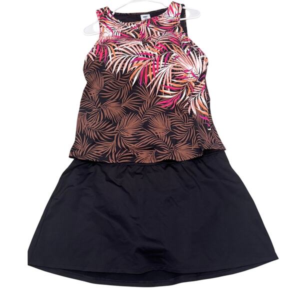 Lands' End Black Brown Pink Palm High Neck 2 Piece Tankini Skirt Swimsuit 14P - Picture 1 of 15